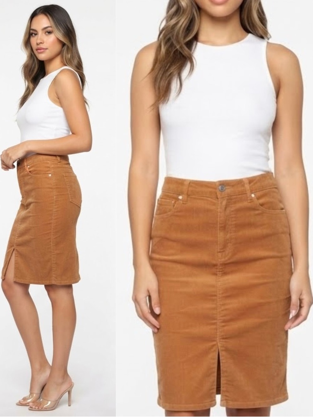 Earl Jean Skirt Straight  Corduroy Silt Cotton Brown W28.5 in Knee Length USA